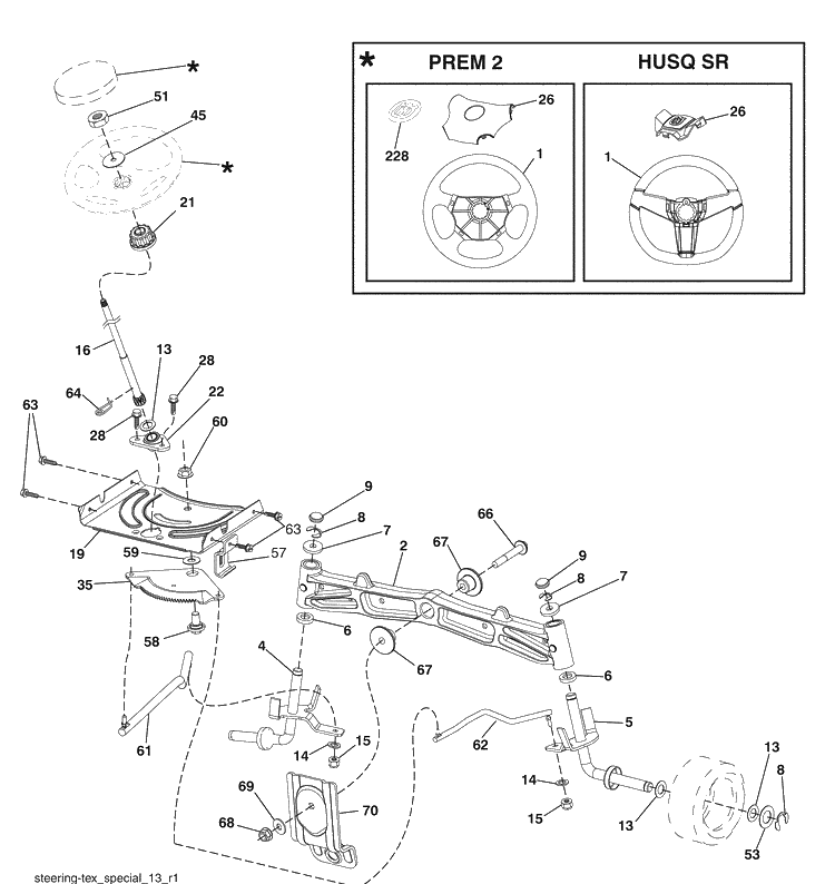 Steering Diagram and Parts List for (96045001500)(2009-01) Husqvarna Lawn Mower