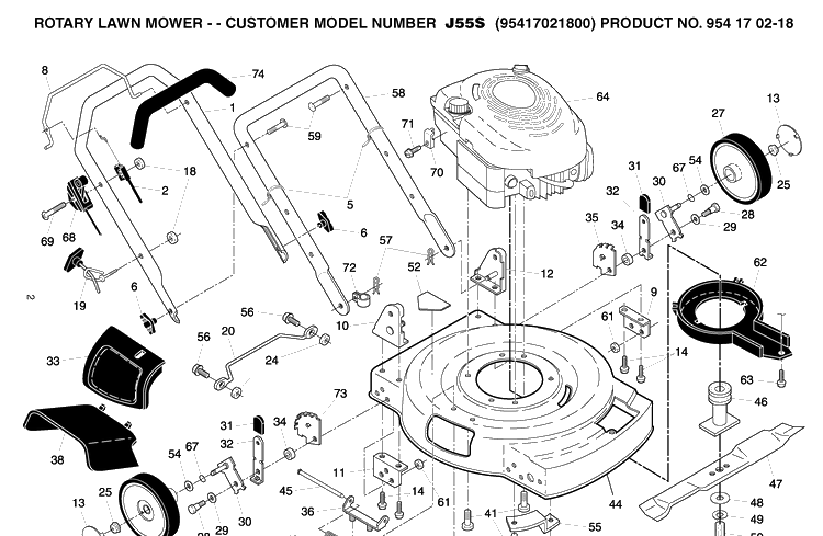 Frame And Engine Diagram and Parts List for J55S (9541702-18)(2005-02) Husqvarna Lawn Mower