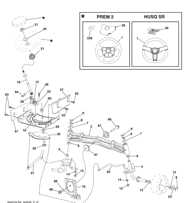 Steering Assembly Diagram and Parts List for (96043006300)(2008-11) Husqvarna Lawn Mower