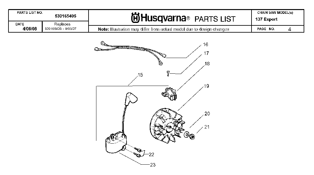 Ignition System Diagram and Parts List for 20082200001 Husqvarna Chainsaw