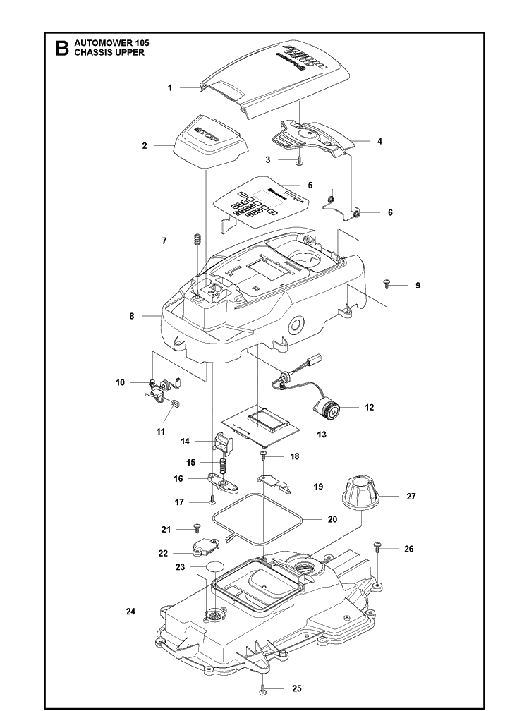 Chassis Upper Diagram and Parts List for 2019 Husqvarna Lawn Mower