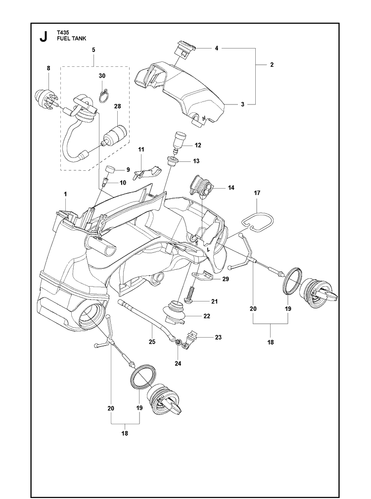 Fuel Tank Diagram and Parts List for  Husqvarna Chainsaw