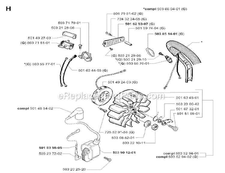 Page J Diagram and Parts List for  Husqvarna Chainsaw