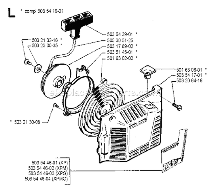 Page K Diagram and Parts List for 1990-03 Husqvarna Chainsaw
