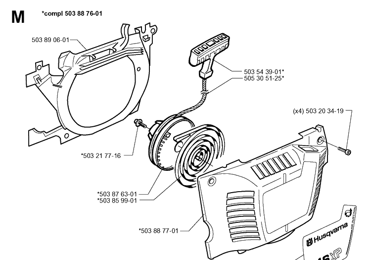 Starter Diagram and Parts List for 19991000001-20012200000 Husqvarna Chainsaw