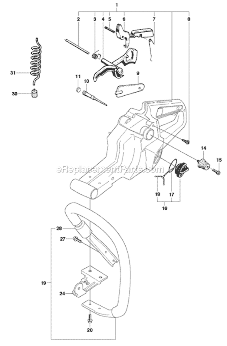 Fuel Tank And Handle Diagram and Parts List for 2010-06 Husqvarna Chainsaw