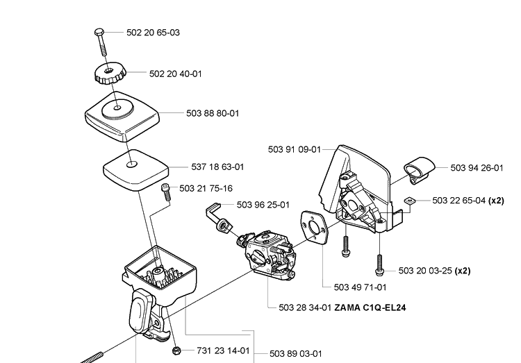 Air Filter/Carburetor Diagram and Parts List for 2005-04 Husqvarna Trimmer