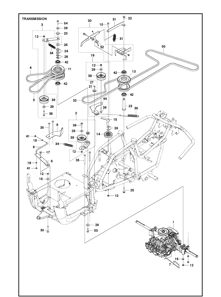 Transmission Diagram and Parts List for  Husqvarna Lawn Mower
