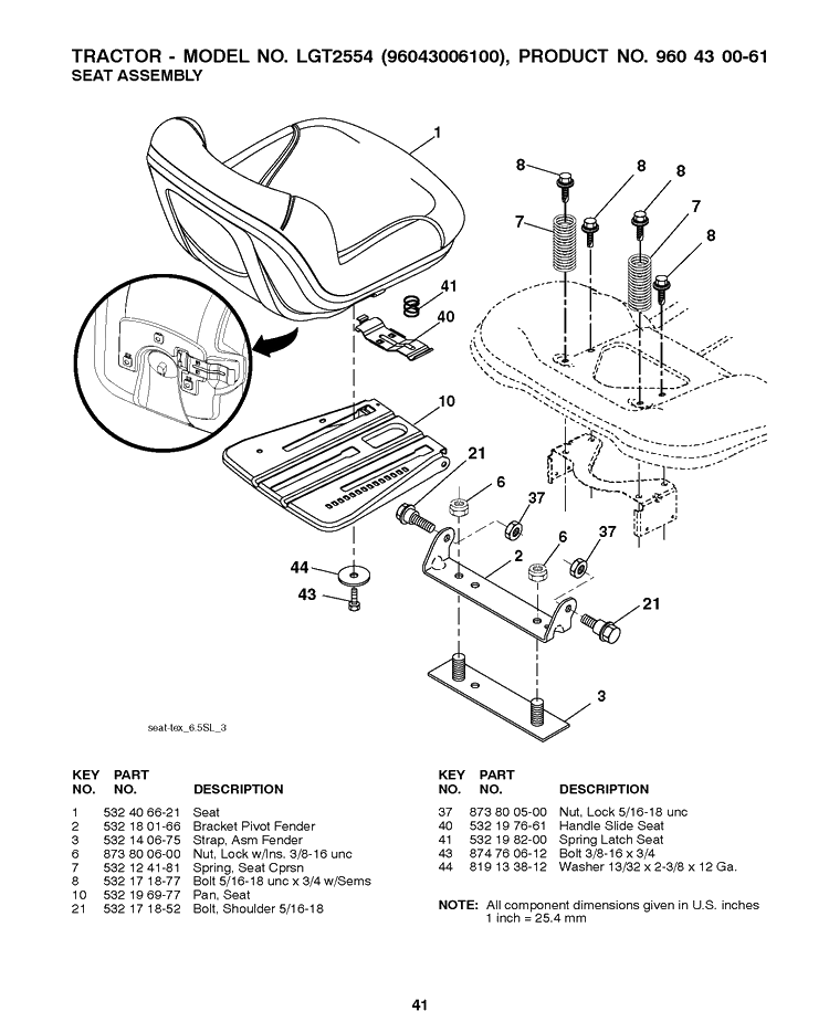 Seat Diagram and Parts List for 2008-12 Husqvarna Lawn Tractor