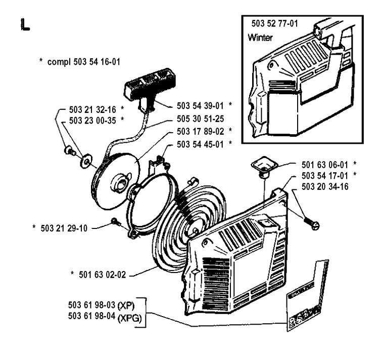Starter Diagram and Parts List for 19942300001-19960100000 Husqvarna Chainsaw