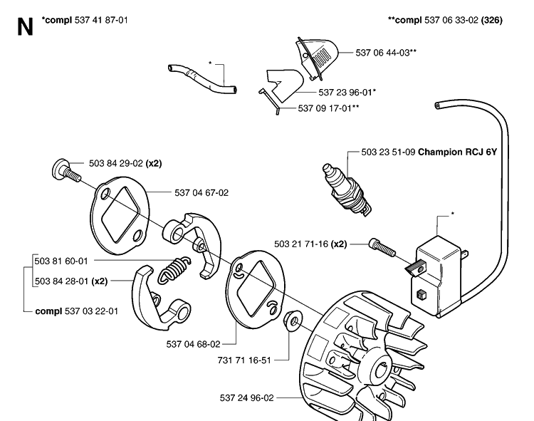 Ignition System Diagram and Parts List for 20070100001-20091800000 Husqvarna Edger