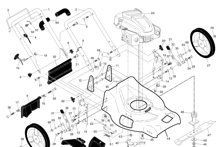 Frame And Engine Diagram and Parts List for 2010-01 Husqvarna Lawn Mower