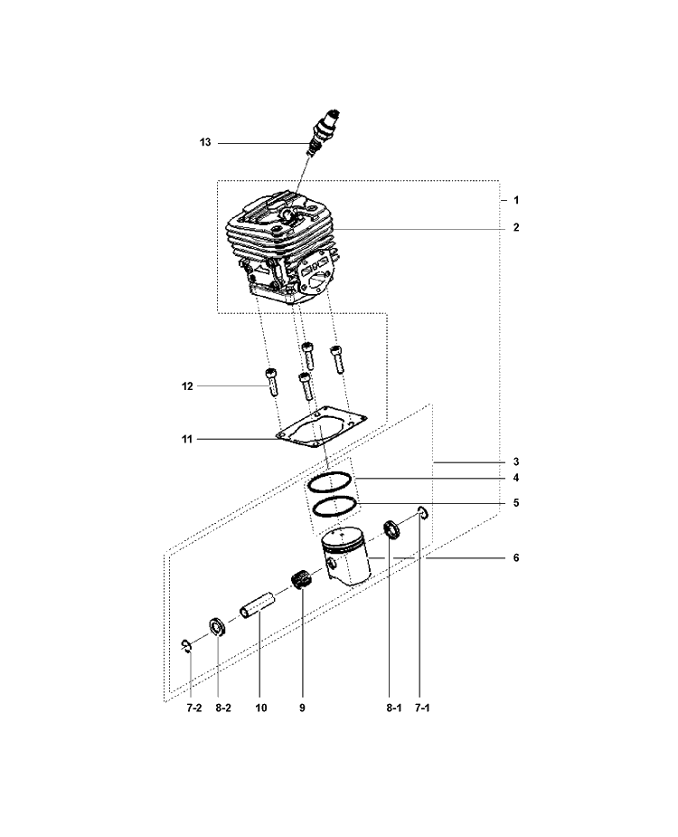 Cylinder Diagram and Parts List for  Husqvarna Chainsaw