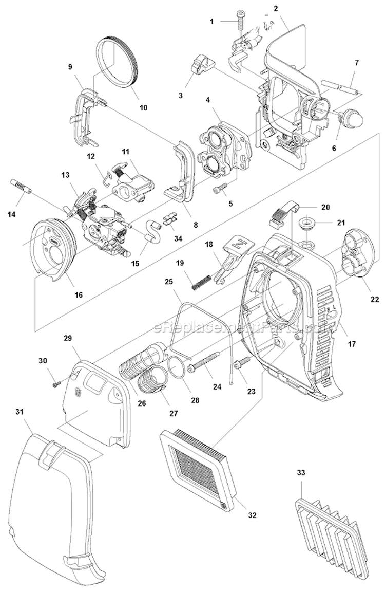 Carburetor  Air Filter Diagram and Parts List for 2012-12 Husqvarna Brush Cutter