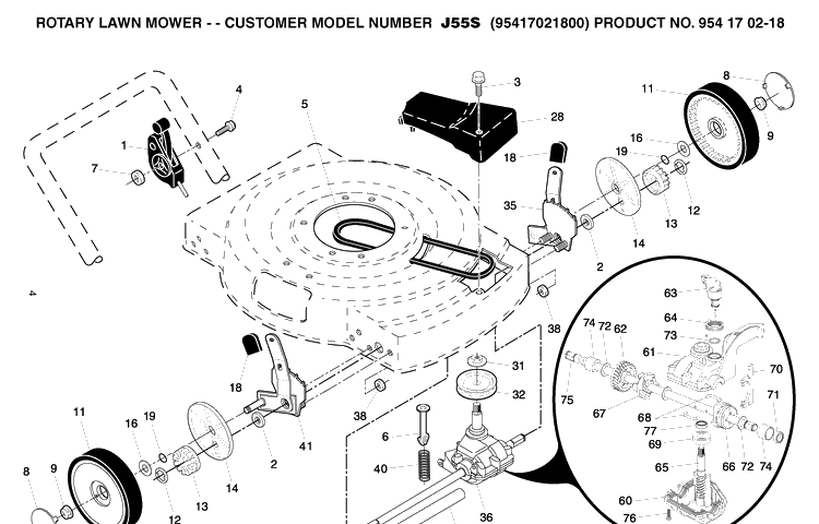 Drive Diagram and Parts List for J55S (9541702-18)(2005-02) Husqvarna Lawn Mower