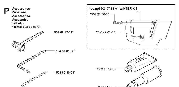 Accessories Diagram and Parts List for 20031400001-20042099999 Husqvarna Chainsaw