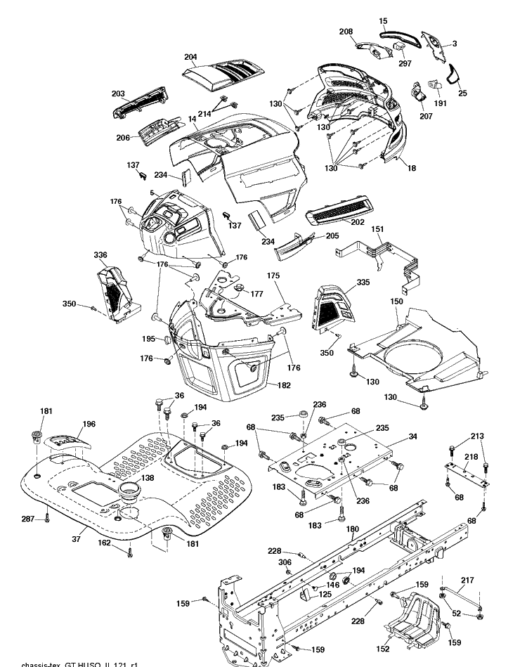 Chassis / Frame Diagram and Parts List for (96045002602)(2011-08) Husqvarna Lawn Tractor
