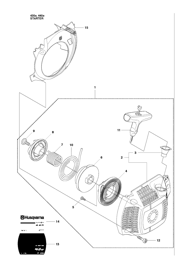 Starter Diagram and Parts List for 20102300001-20111800000 Husqvarna Chainsaw