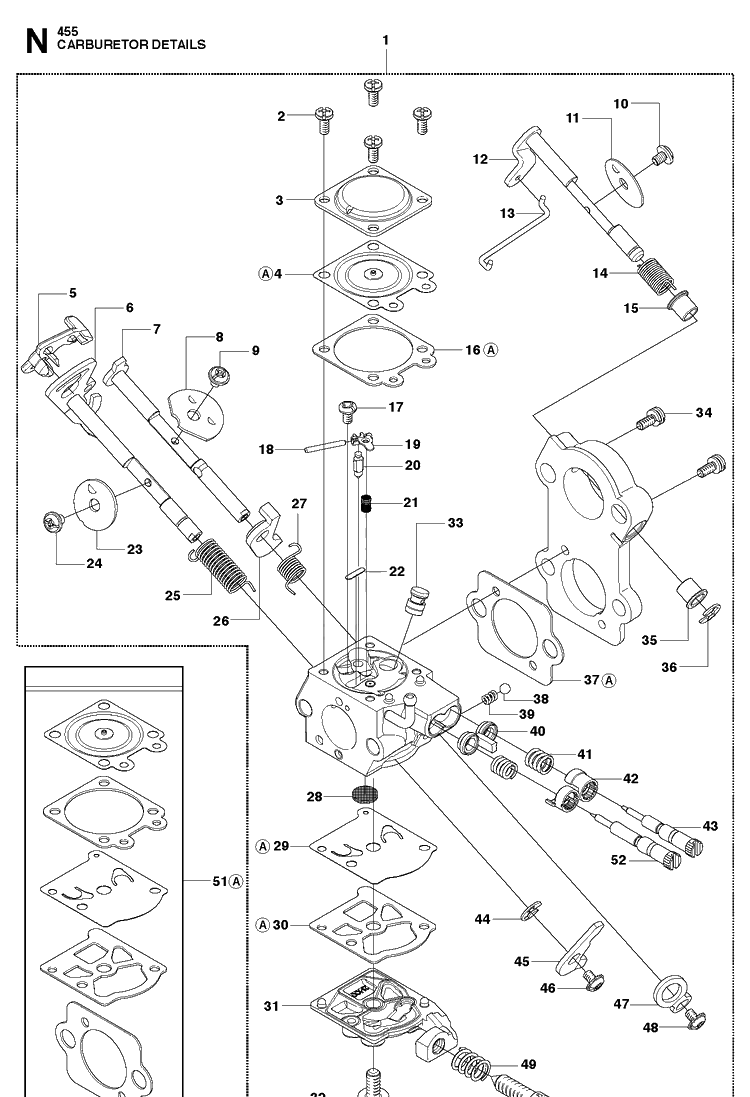 Carburetor Details Diagram and Parts List for 2013-01 Husqvarna Chainsaw