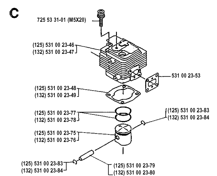 Cylinder Piston Diagram and Parts List for 19904400001-19920100000 Husqvarna Edger