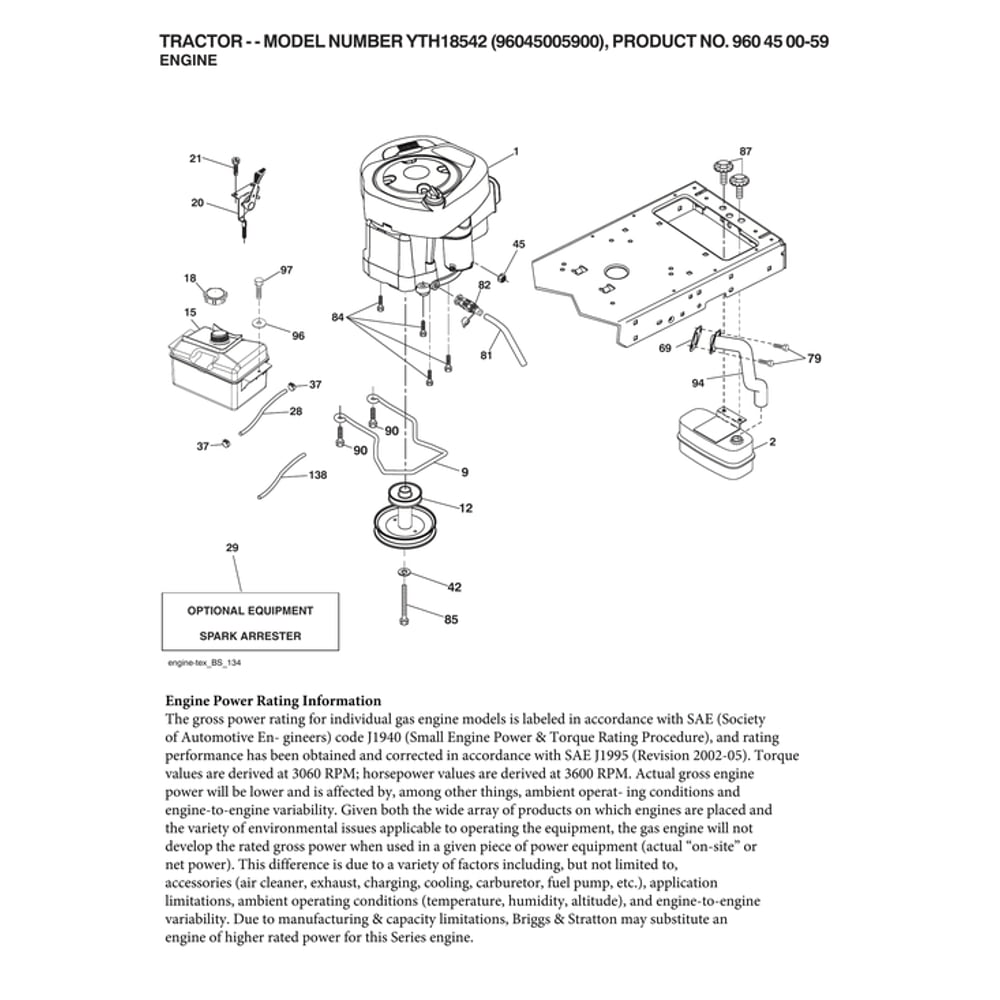 Engine Diagram and Parts List for  Husqvarna Lawn Tractor