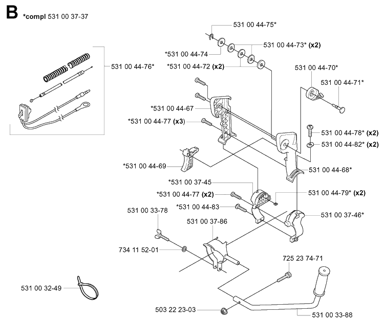 Handle And Controls Diagram and Parts List for 20041800001-Current Husqvarna Leaf Blower / Vacuum