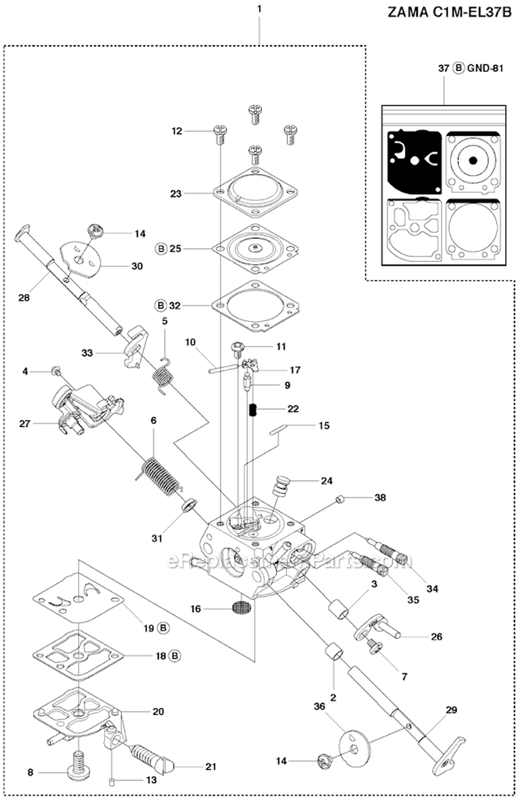 Carburetor Diagram and Parts List for 2011-07 Husqvarna Chainsaw