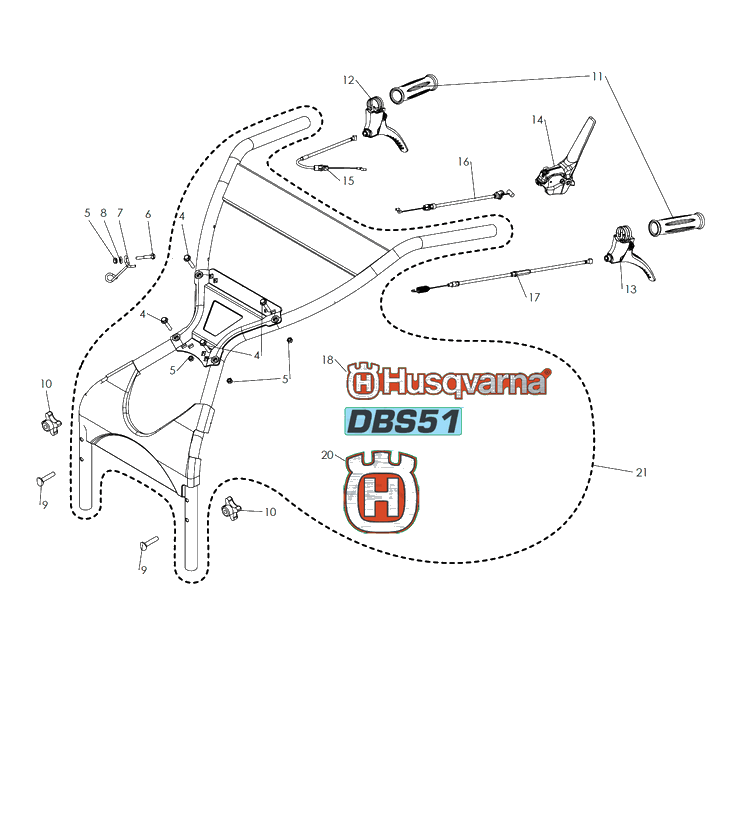 Handle And Controls Diagram and Parts List for DBS51-DBY51 2018-06 Husqvarna Lawn Mower