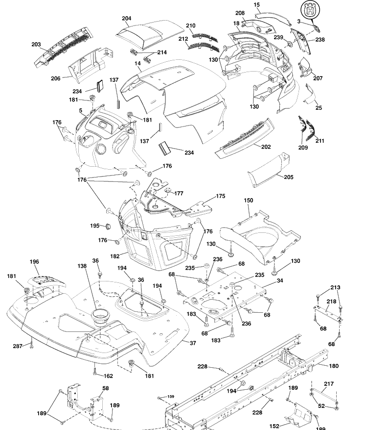 Chassis Diagram and Parts List for (96043010100)(2010-04) Husqvarna Lawn Mower