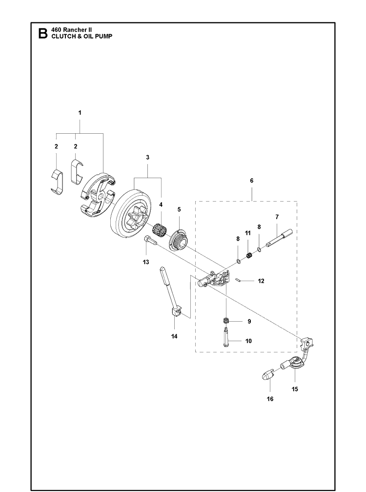 Clutch And Oil Pump Diagram and Parts List for RANCHER II Husqvarna Chainsaw