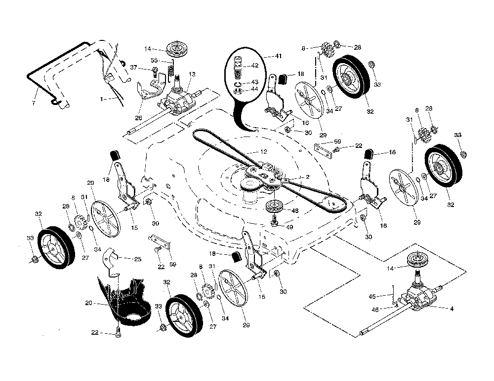 Drive control/gearcase/wheels Diagram and Parts List for  Husqvarna Lawn Mower