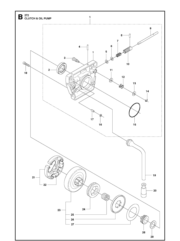 Clutch And Oil Pump Diagram and Parts List for 20173200001-20182200000 Husqvarna Chainsaw