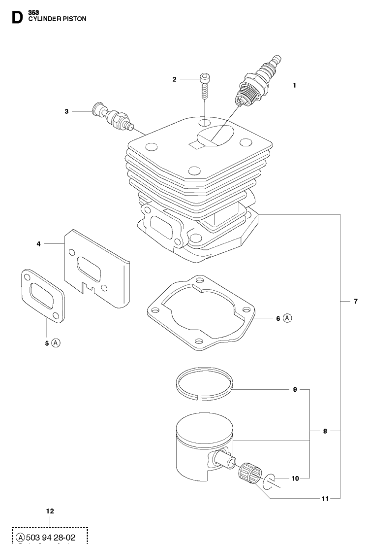 Cylinder Piston Diagram and Parts List for  Husqvarna Chainsaw