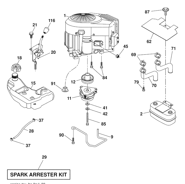Engine / Fuel Tank Diagram and Parts List for (96043006400)(2008-11) Husqvarna Lawn Mower