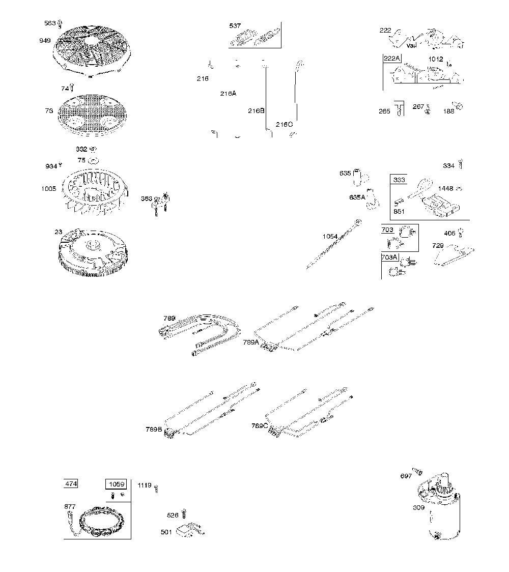 Flywheel/controls/wire harness/alternator/starter Diagram and Parts List for  Husqvarna Lawn Mower
