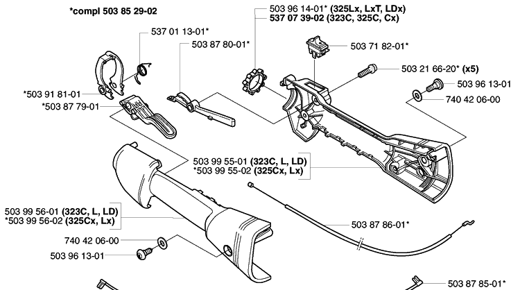 Throttle (322 L, 323c, 323 L/Ld, 325 C/Cx, 325 L/Lx/Lxt/Ldx, 325 Rjx) Diagram and Parts List for 2002-01 Husqvarna Trimmer