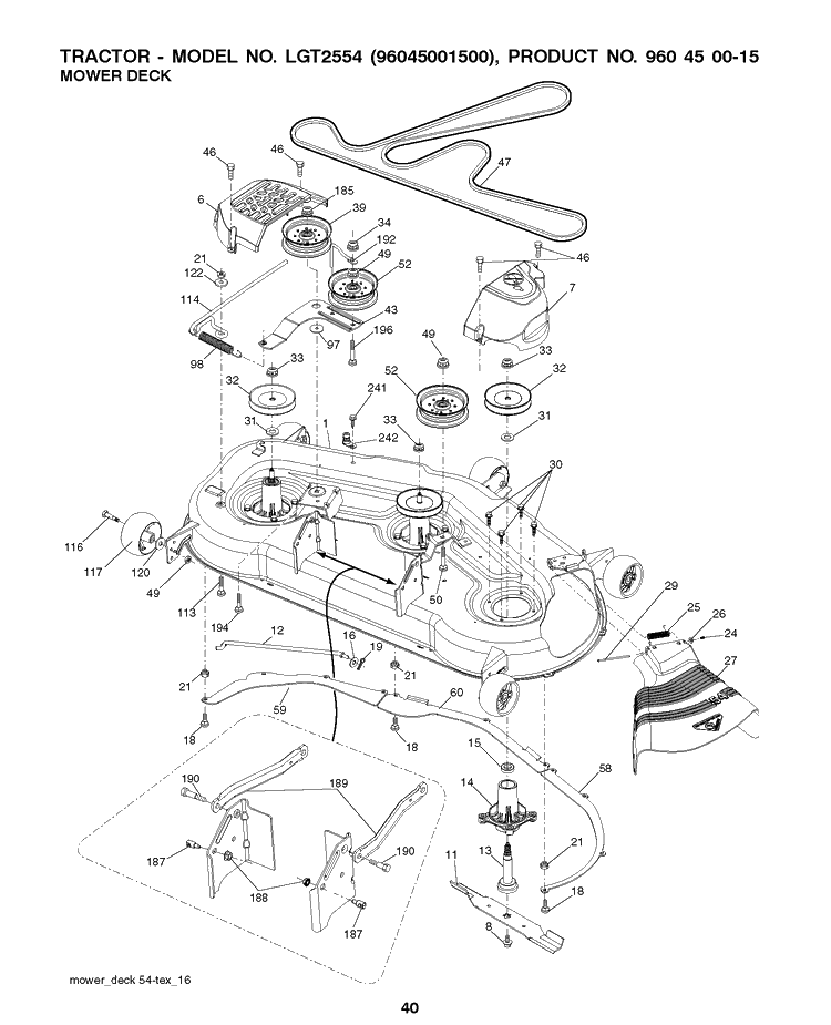 Mower Deck / Cutting Deck Diagram and Parts List for 2009-01 Husqvarna Lawn Tractor
