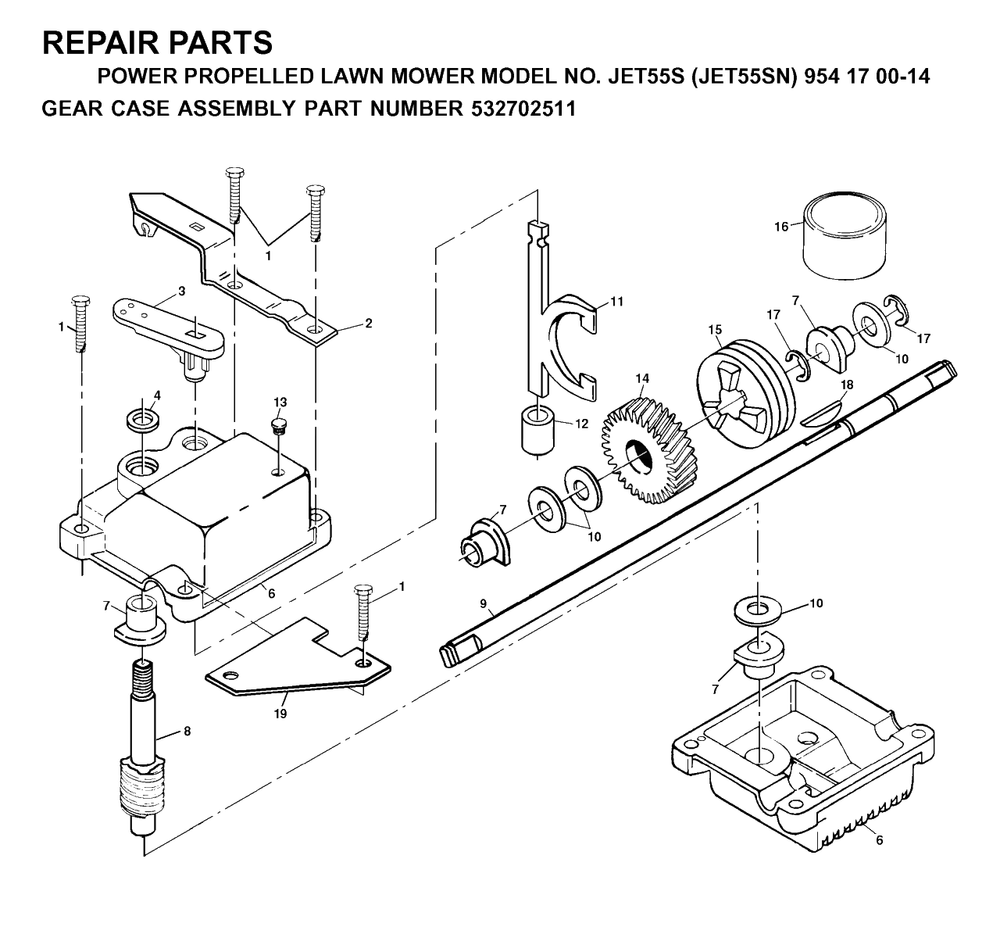 Gear Case Diagram and Parts List for JET55 (954170014-N)(2000-02) Husqvarna Lawn Mower