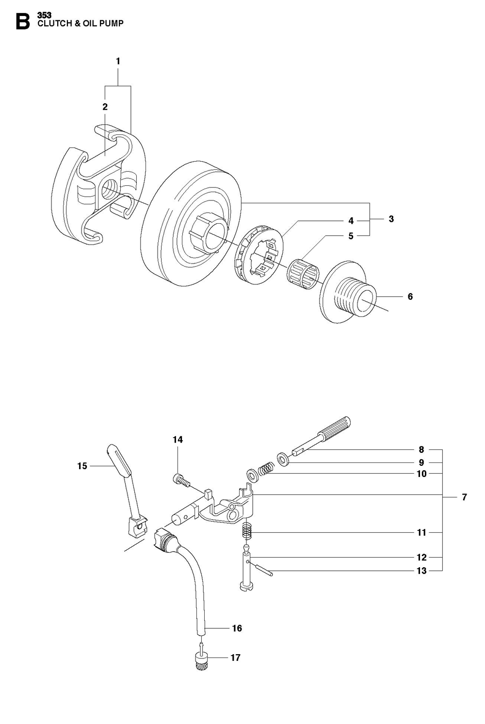 Clutch And Oil Pump Diagram and Parts List for 353E-tech-353G E-tech Husqvarna Chainsaw