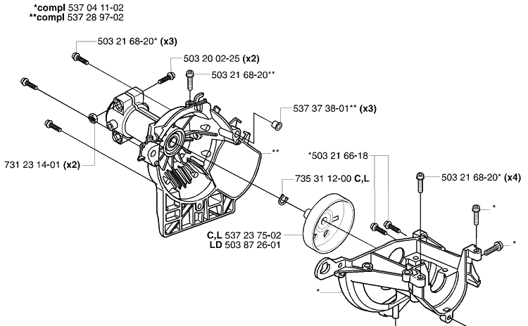 Crankcase Diagram and Parts List for 2004-01 Husqvarna Trimmer
