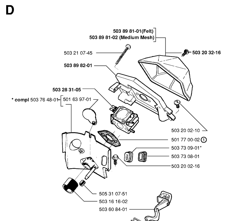 Carburetor And Air Filter Diagram and Parts List for 19982300001-20001900000 Husqvarna Chainsaw