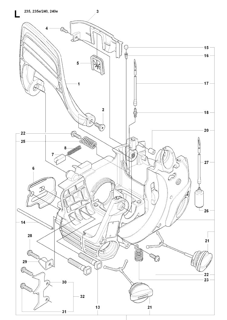 Crankcase Diagram and Parts List for 20080100001-20091400000 Husqvarna Chainsaw