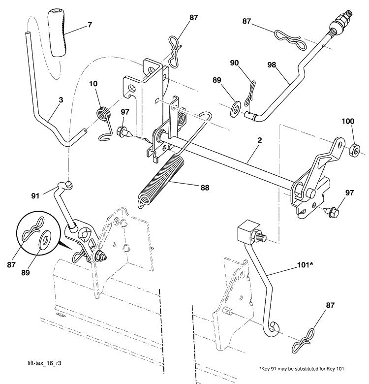 Mower Lift Diagram and Parts List for (96045002100)(2009-08) Husqvarna Lawn Mower