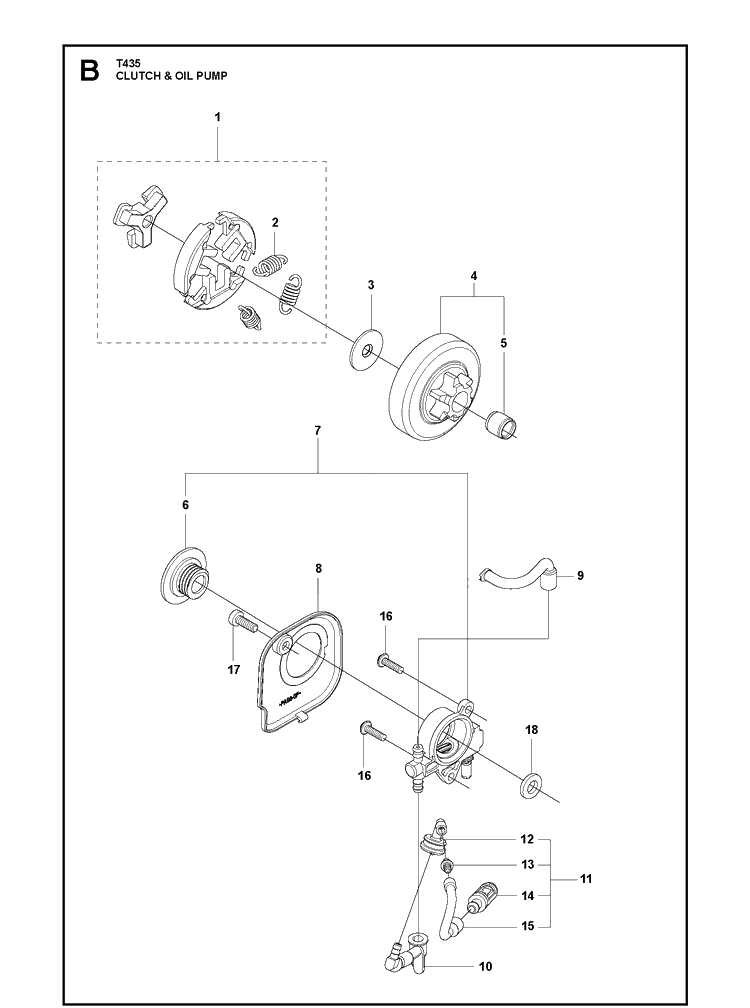 Clutch And Oil Pump Diagram and Parts List for  Husqvarna Chainsaw