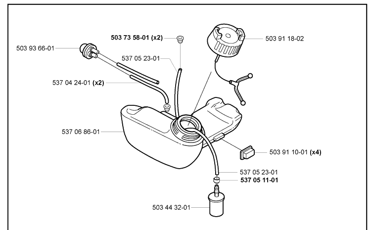 Fuel Tank 2 Diagram and Parts List for 2000-10 Husqvarna Brush Cutter
