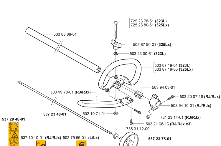 Shaft/Tube/Handle Diagram and Parts List for 2005-05 Husqvarna Brush Cutter