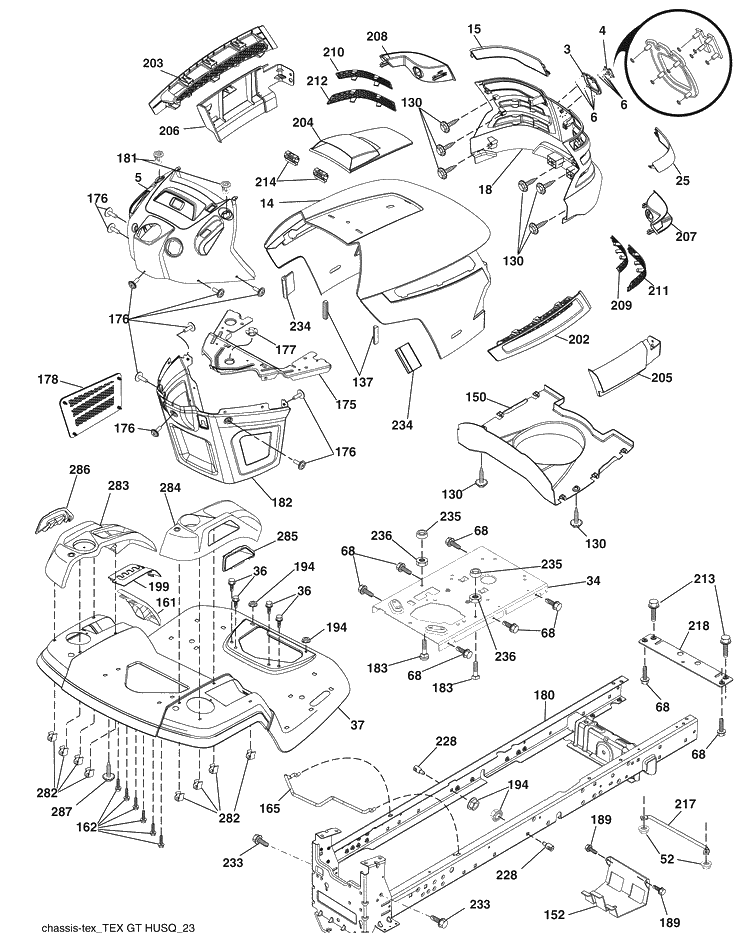 Chassis Diagram and Parts List for (96043006400)(2008-11) Husqvarna Lawn Mower