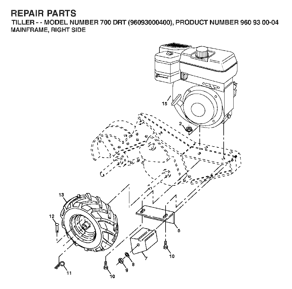 Mainframe, Right Side Diagram and Parts List for (96093000400)(2006-02) Husqvarna Tiller