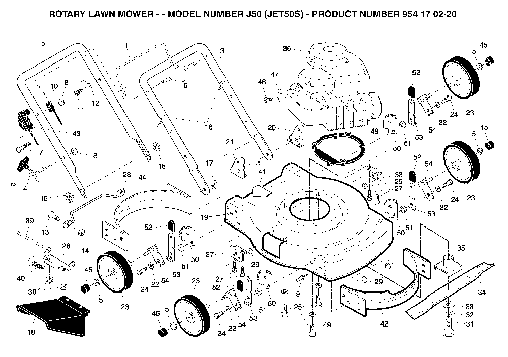 Product Complete Diagram and Parts List for J50 (JET50S)(954 17 02-20)(2004-01) Husqvarna Lawn Mower