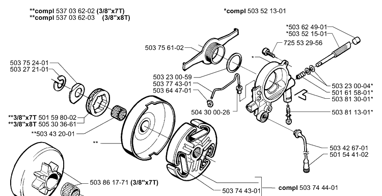 Clutch/Drum And Oil Pump Diagram and Parts List for 2003-11 Husqvarna Chainsaw